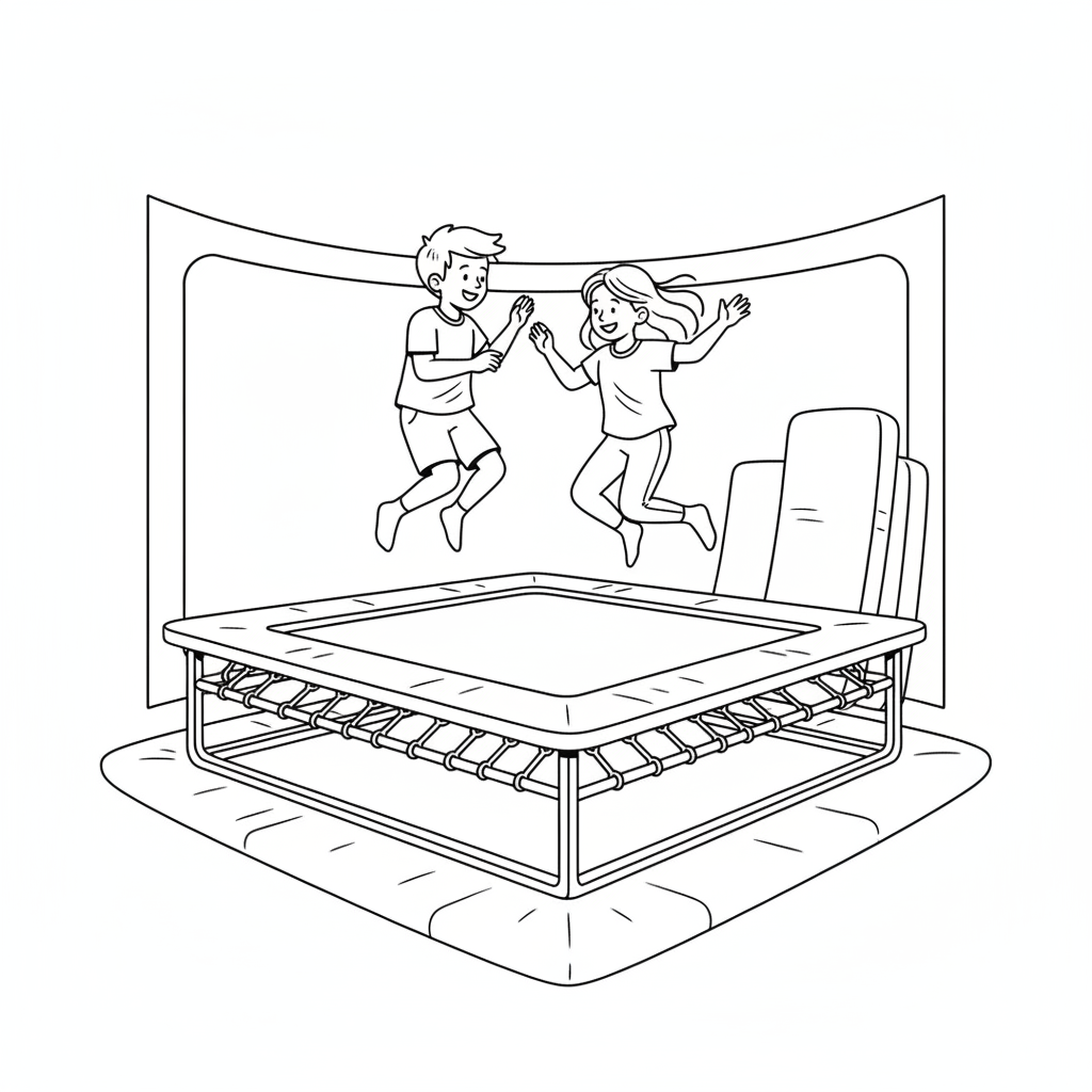 Black and white line art of kids playing a fun jumping game on a large trampoline in a kids fitness center.