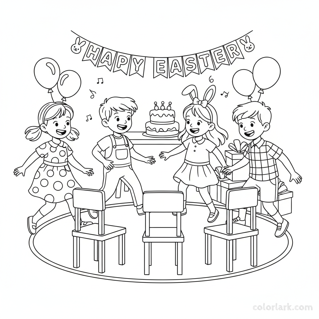 Black and white line art of four excited children playing musical chairs at an Easter party.