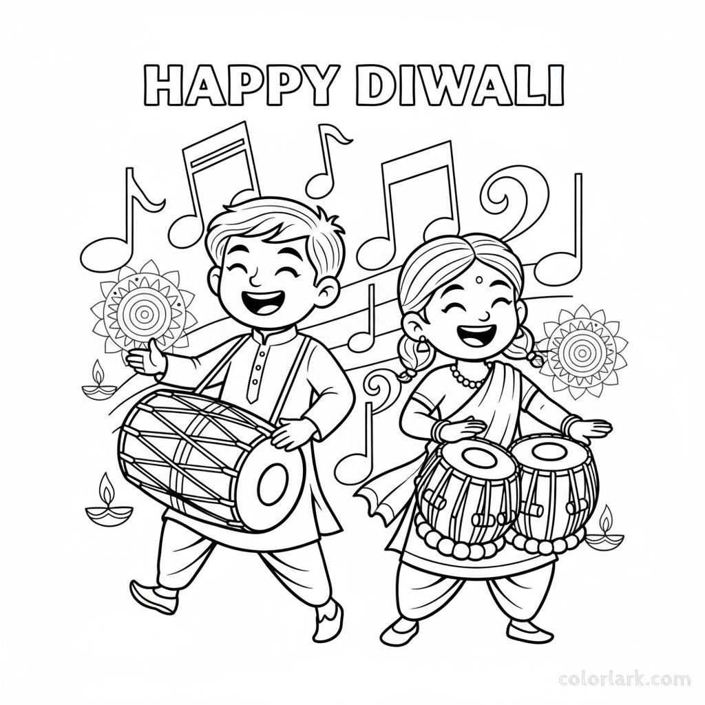 Enthusiastic children happily playing traditional Indian drums (Dholak) for Diwali festivities, black-and-white line art