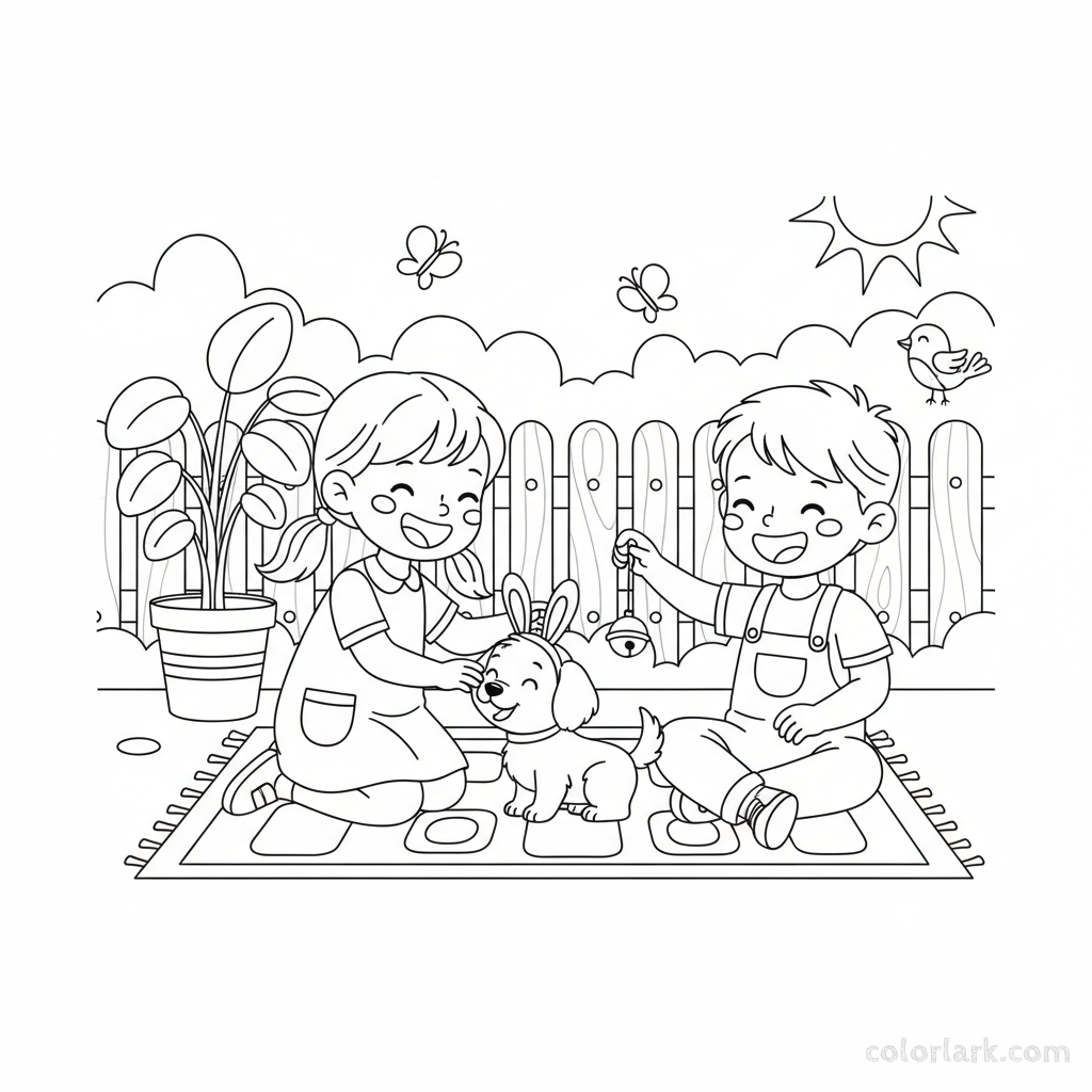 Black and white line art of two happy children playfully interacting with a puppy wearing bunny ears.
