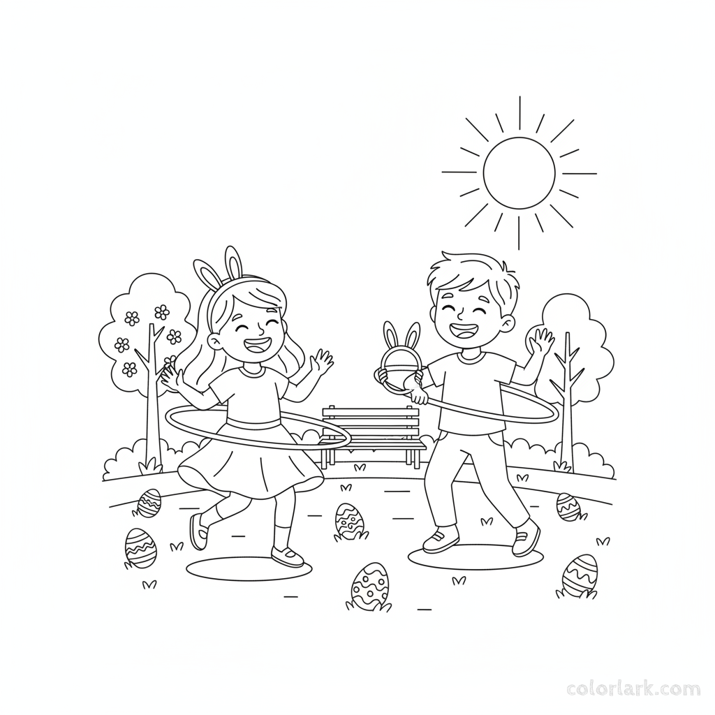 Black and white line art of two joyful children playing with Easter bunny-themed hula hoops in a park.
