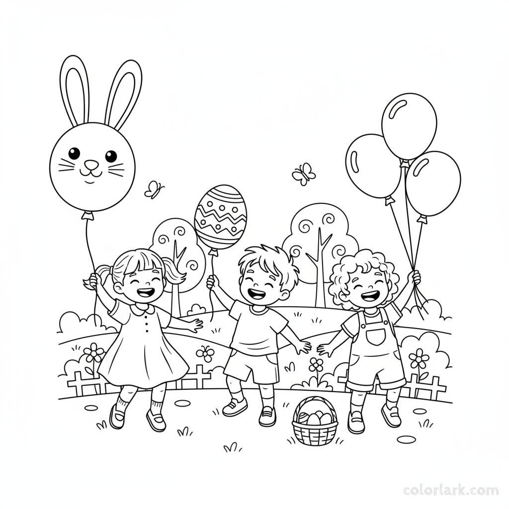 Black and white line art of three excited children playing with Easter bunny and egg-shaped balloons.