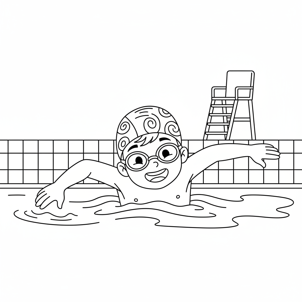 Black and white line art of a child swimming freestyle on a pool day, wearing a swim cap and goggles.