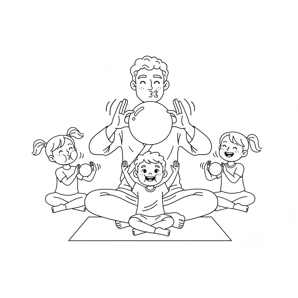 Line art of kids practicing Balloon Breath for relaxation with a yoga instructor.