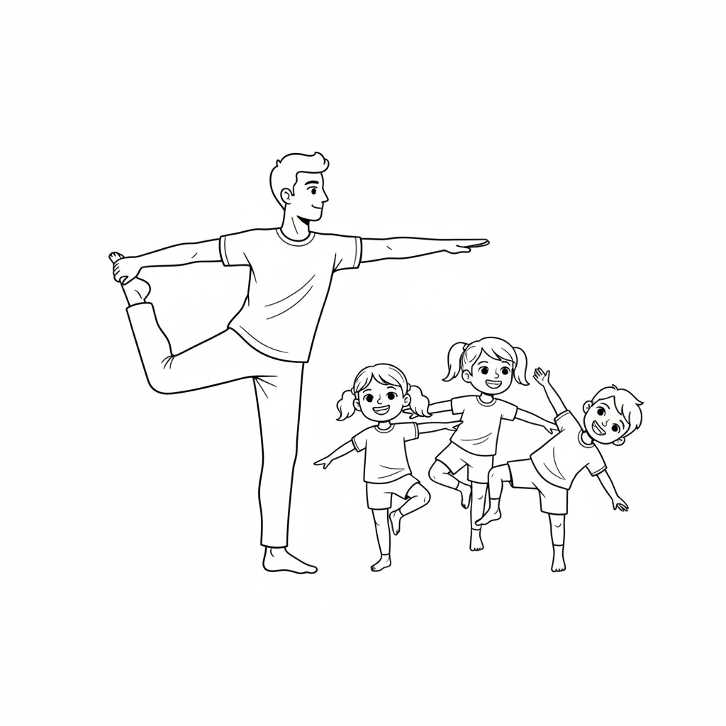 Line art of kids practicing Dancer Pose for balance with a yoga teacher.