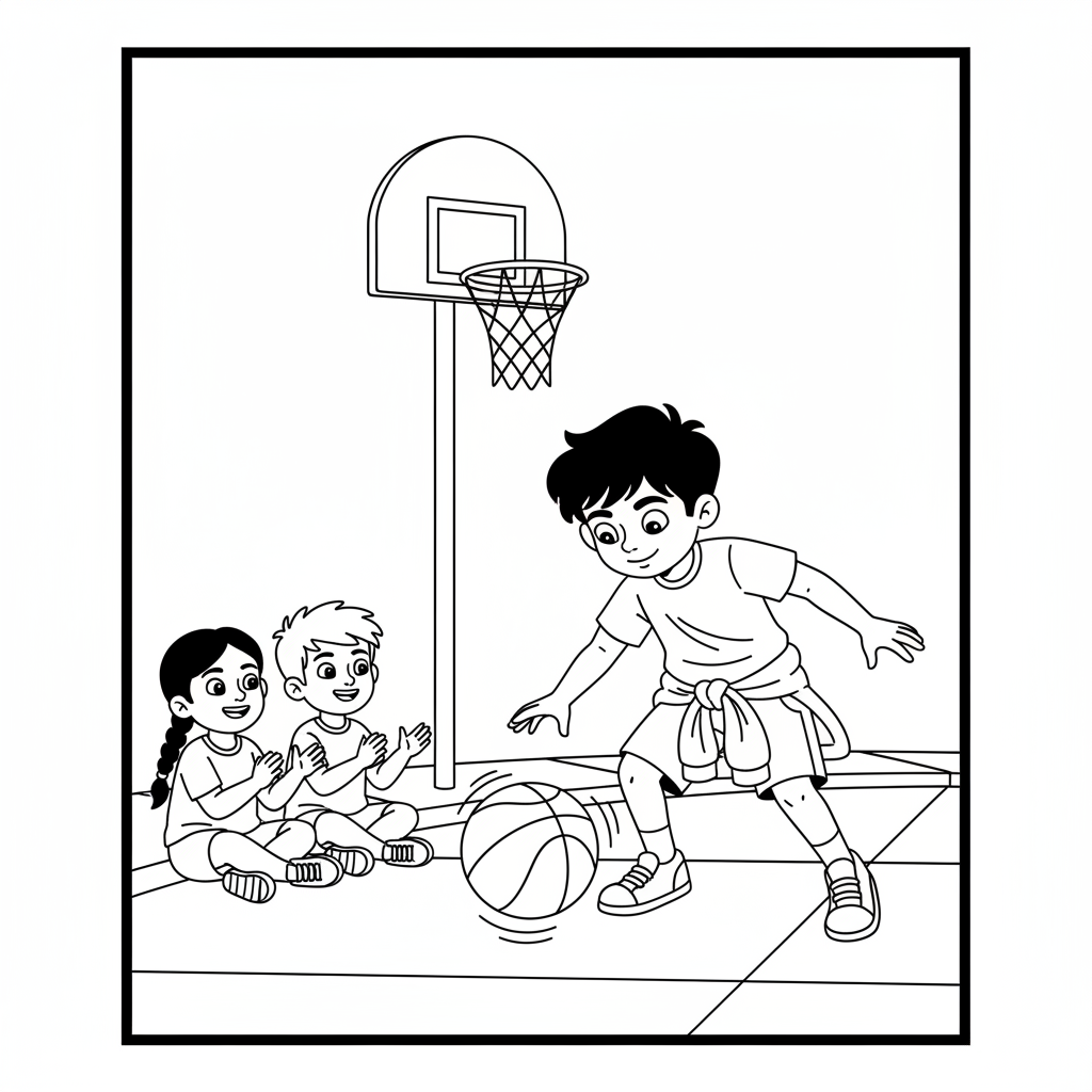 Line art of Indian children practicing dribbling skills on a pavement, with two friends watching.