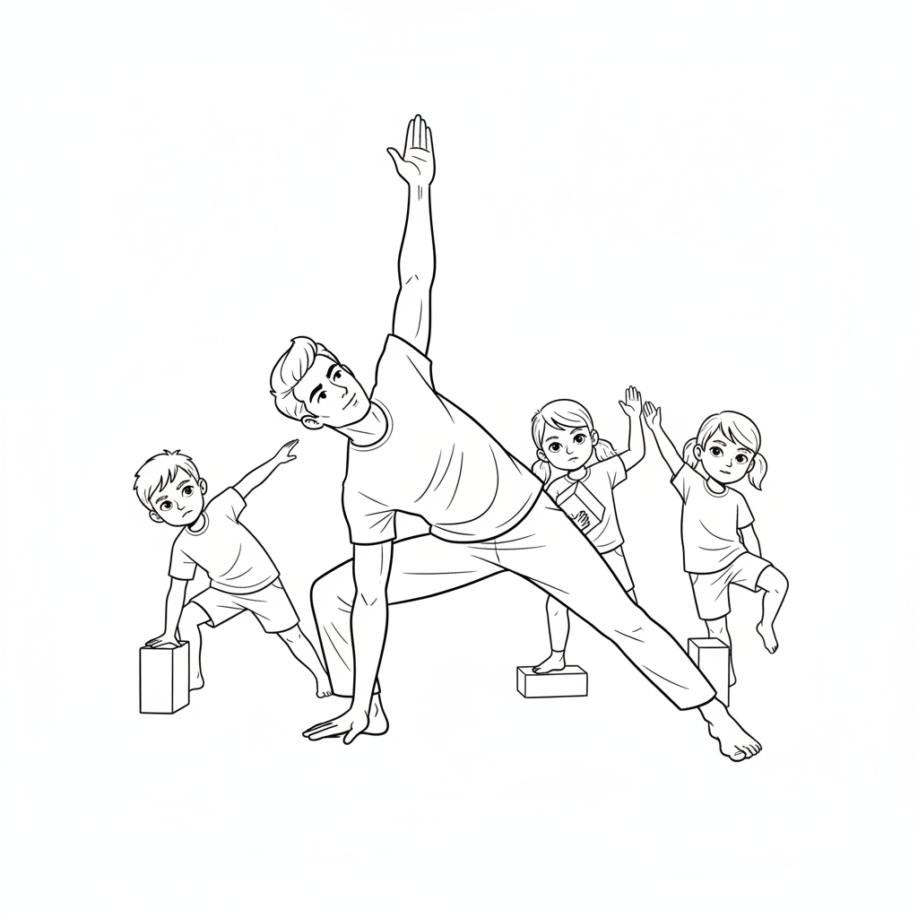 Line art of kids practicing Half Moon Pose with a yoga teacher.