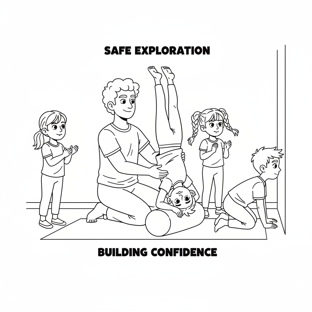 Line art of kids practicing modified Headstand with a yoga instructor.