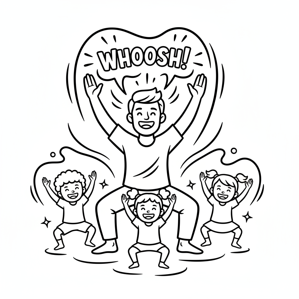 Line art of kids practicing Volcano Breath for energy release with a yoga teacher.