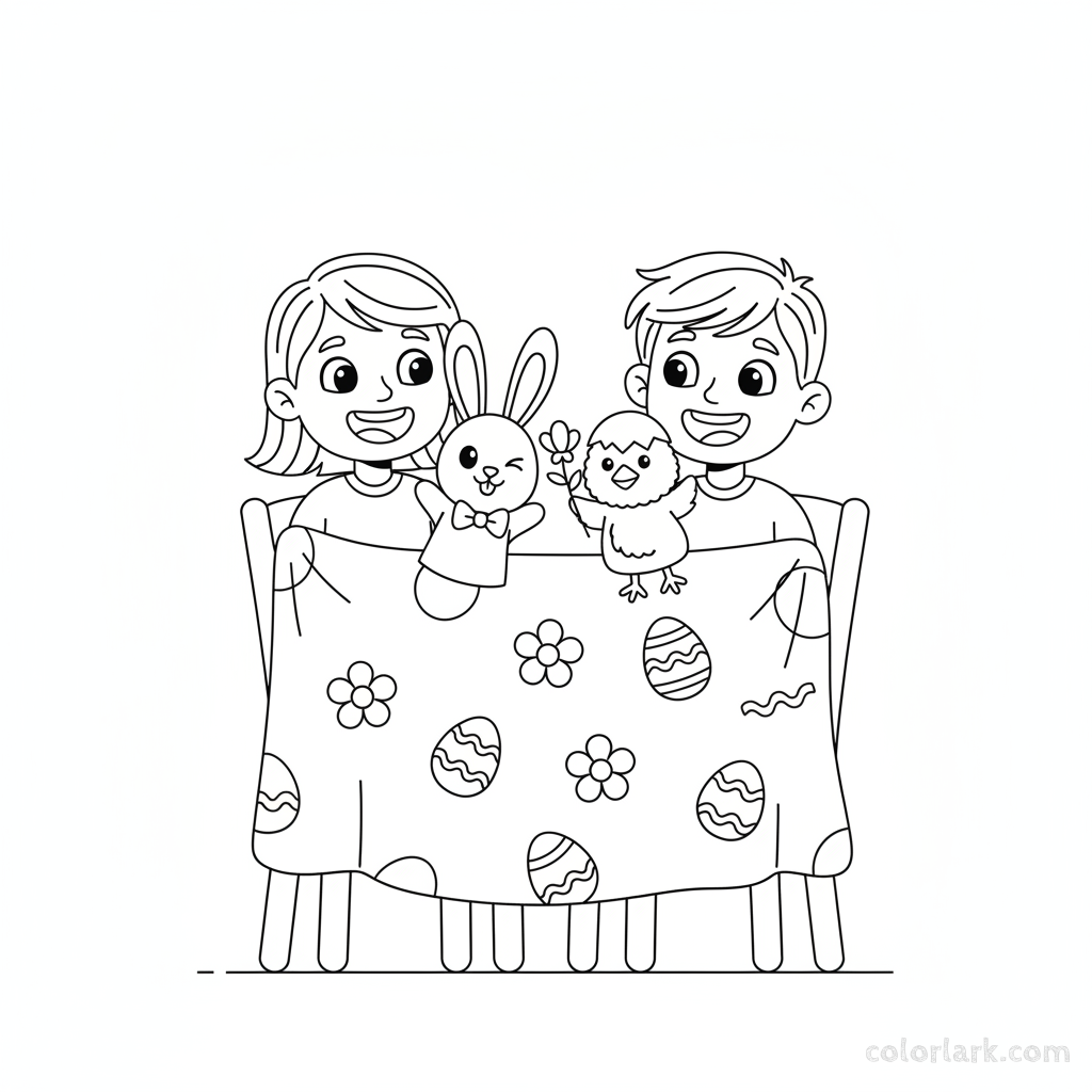 Black and white line art of two children putting on an Easter puppet show with bunny and chick hand puppets.