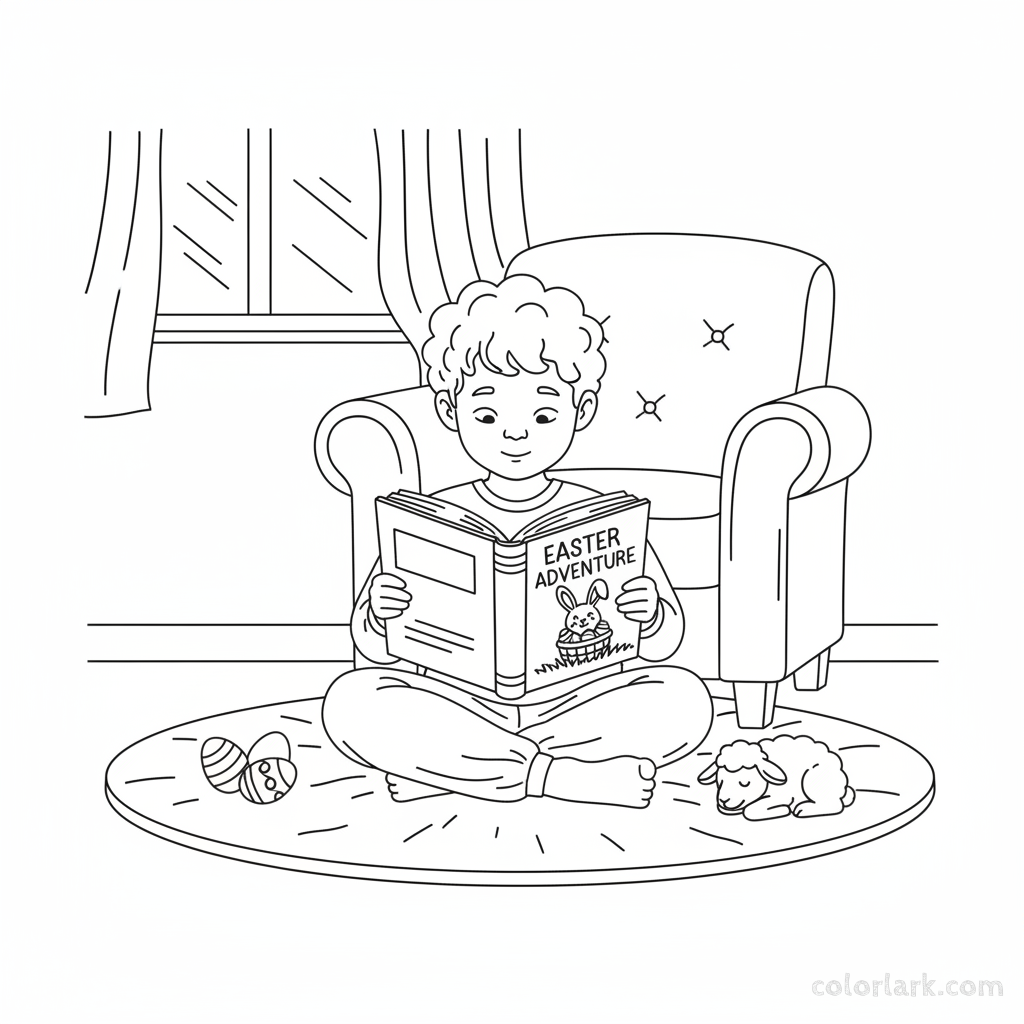 Black and white line art of a child sitting comfortably and engrossed in reading an Easter storybook.