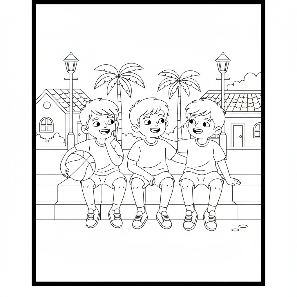 Line art of Indian children resting on a street after a basketball game, smiling and being comforted by a friend.