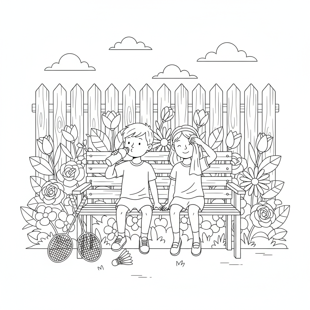 Line art of kids resting on a bench after badminton in a sunny backyard.