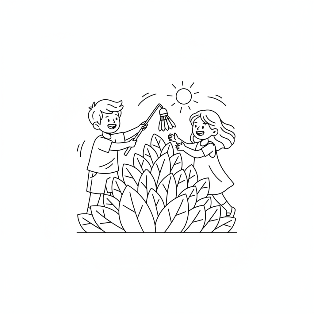 Line art of kids retrieving a badminton shuttlecock from a bush.