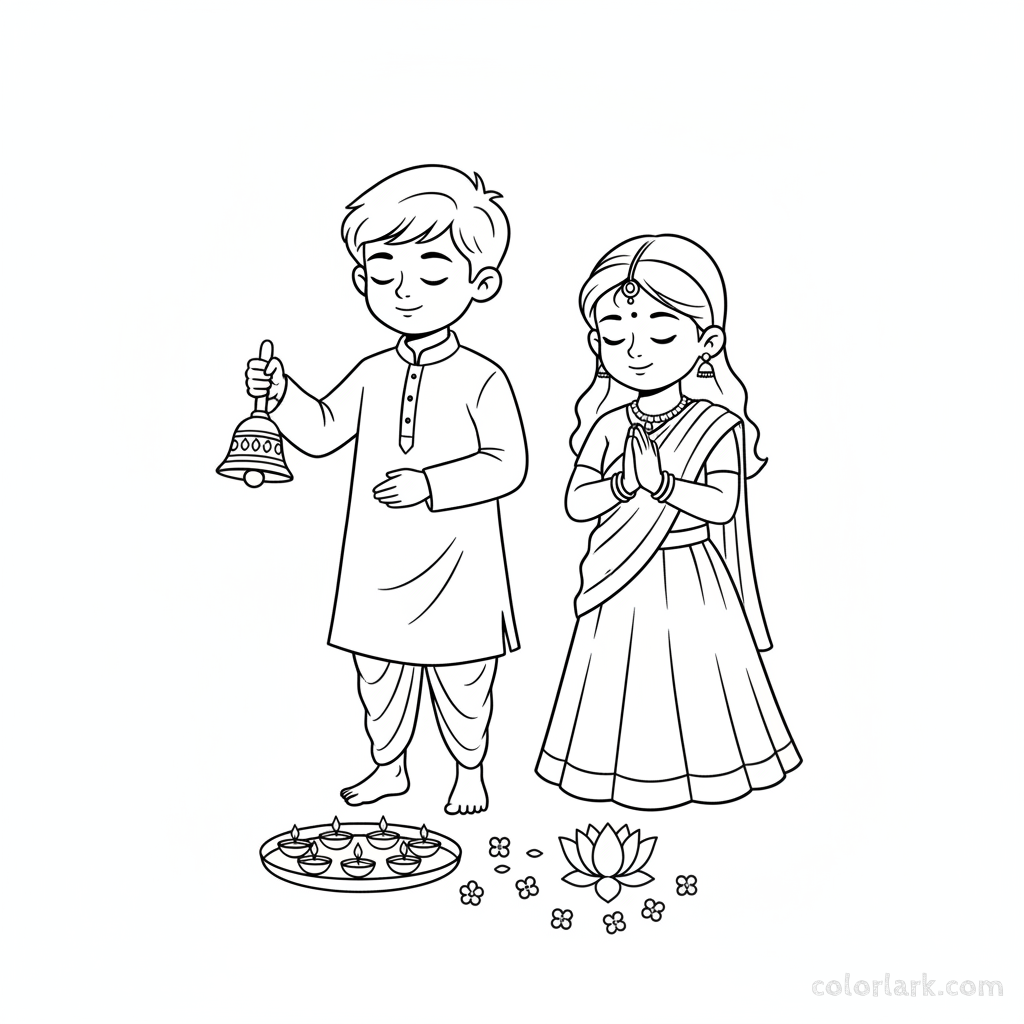 Children gently ringing traditional puja bells during a Diwali worship ceremony, showing devotion, black-and-white line art