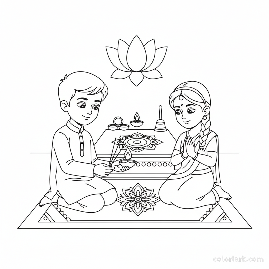 Children carefully and safely lighting incense sticks for a peaceful Diwali puja ceremony, focused and respectful, line art