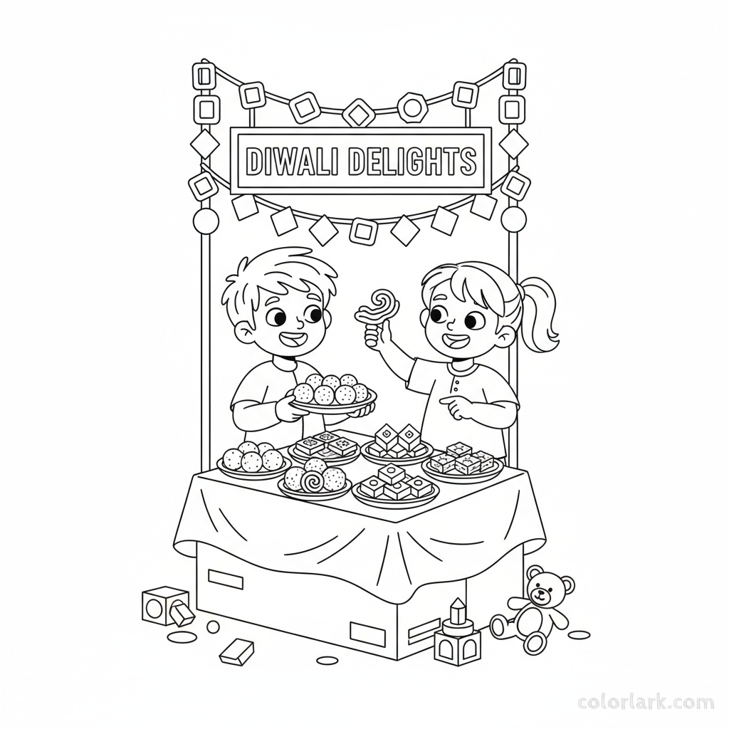 Children setting up a pretend Diwali sweet stall in their playroom, filled with outlines of festive treats, black-and-white line art