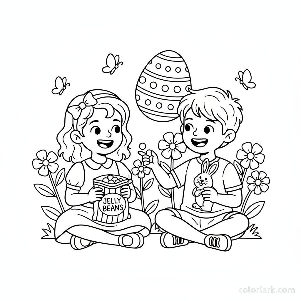 Black and white line art of two children sitting together and happily sharing their Easter candy and chocolate bunny.