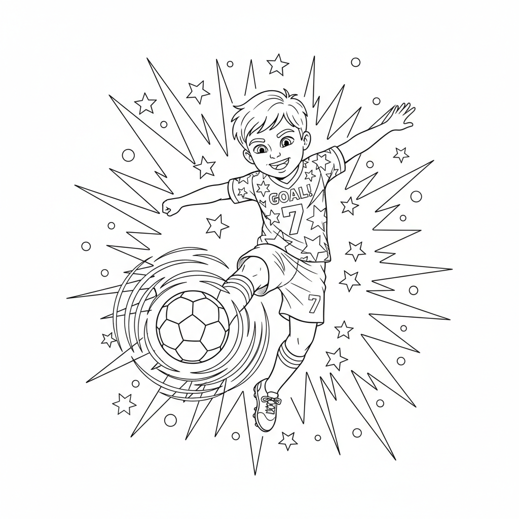 Line art of a child soccer enthusiast making a powerful strike.