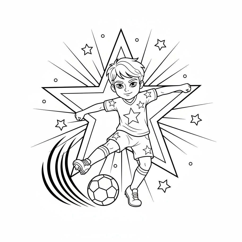 Line art of a child posing as a soccer superstar making a powerful shot.