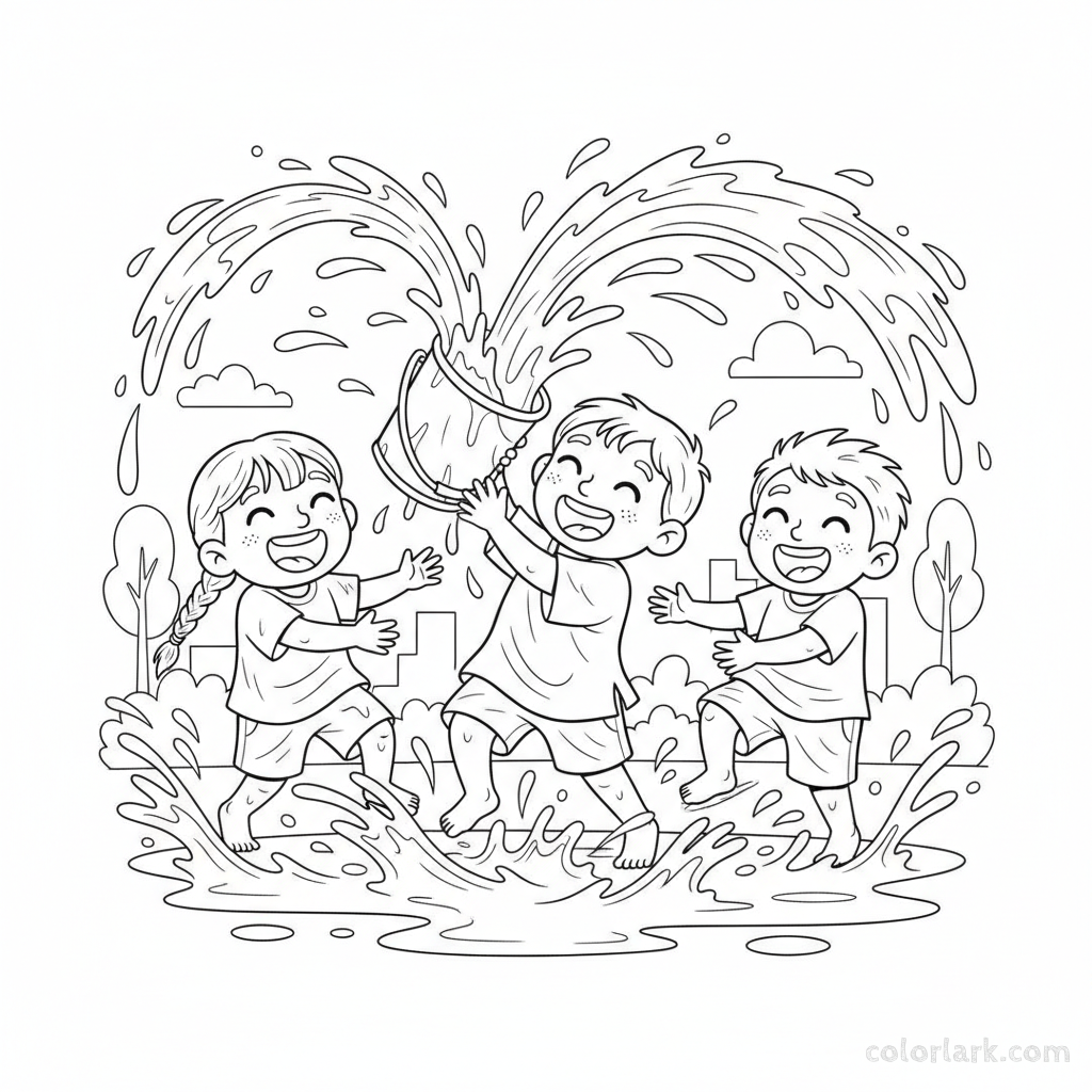 Kids splashing water from a bucket Holi coloring page