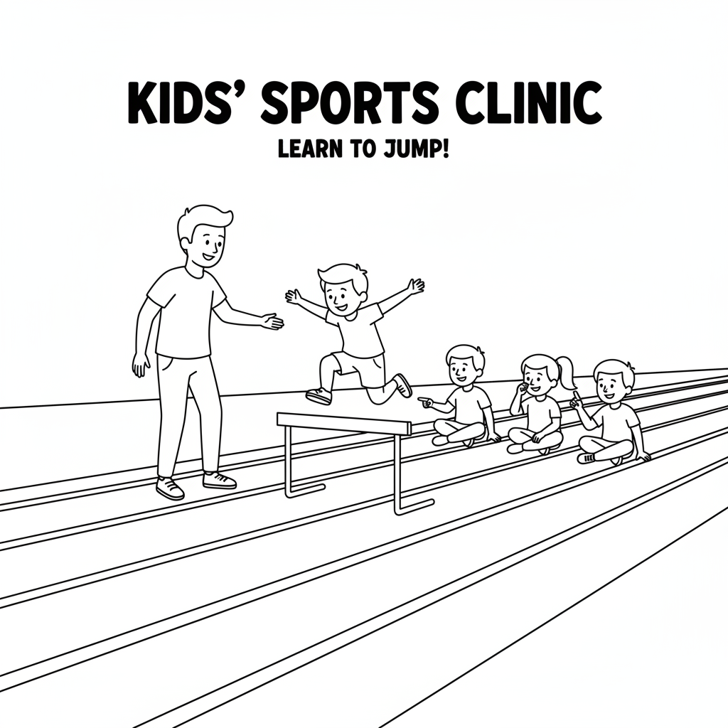 Black and white line art showing a kids' sports clinic hurdle lesson on an athletics track, with a coach and children.