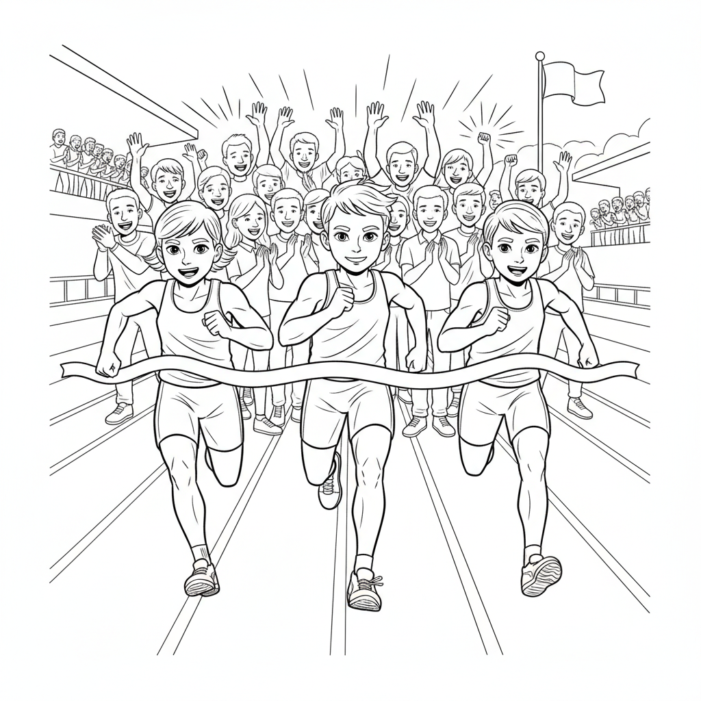 Line art of kids sprinting to break a finish line ribbon, with an anticipating cheering crowd
