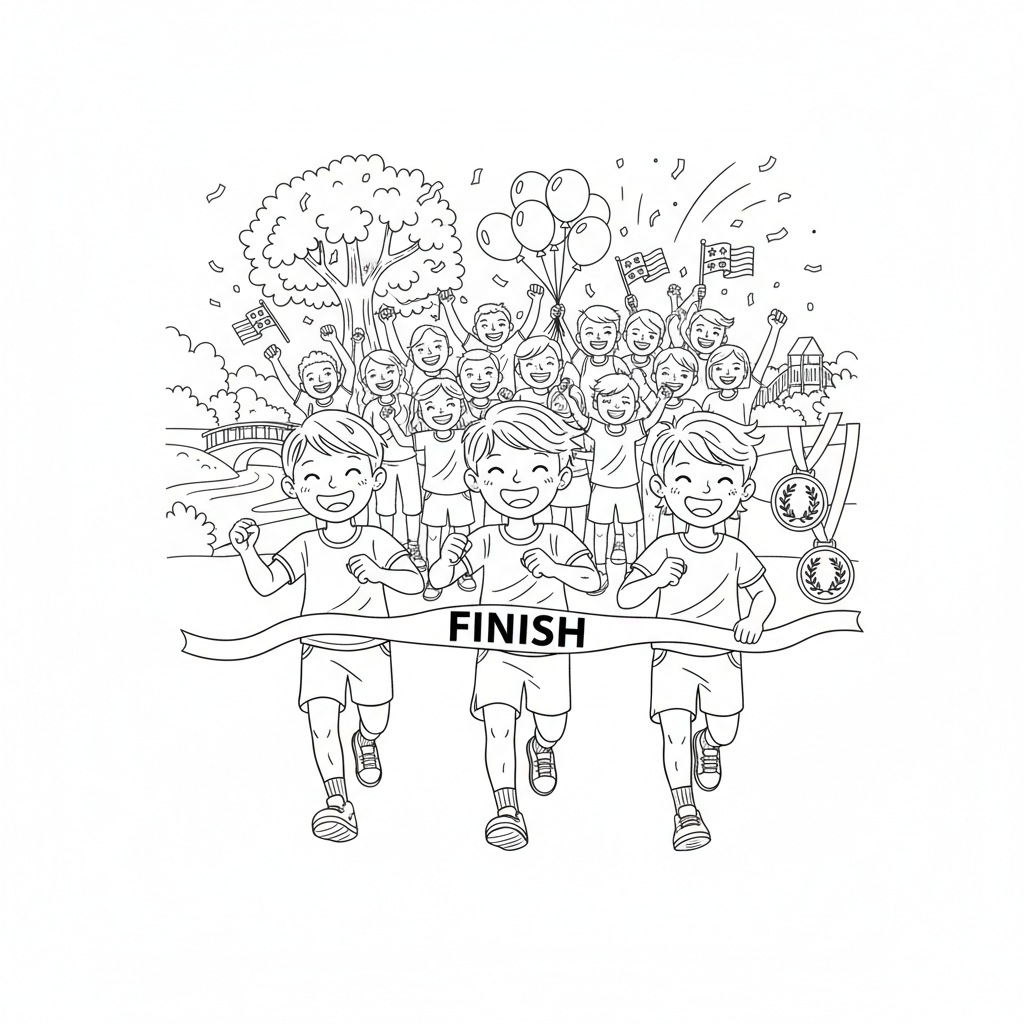 Line art of kids sprinting to a finish line, with implied medals and cheering fans