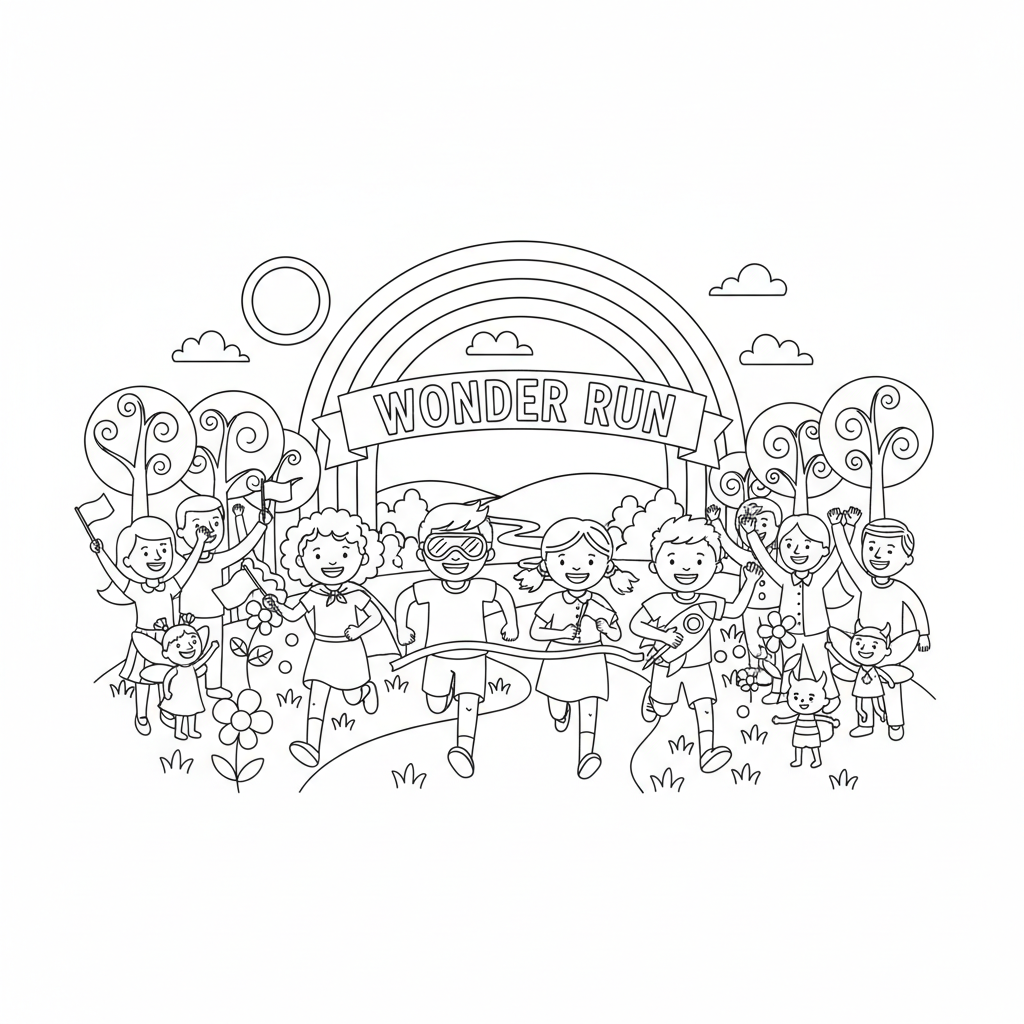 Line art of kids sprinting under a rainbow finish line with a whimsical cheering crowd