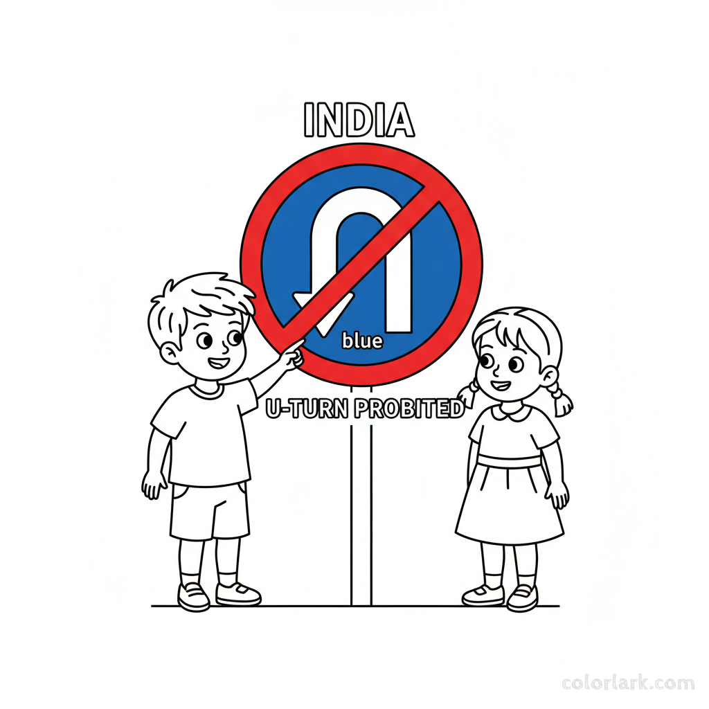 Coloring page of children understanding an Indian U-Turn Prohibited sign.
