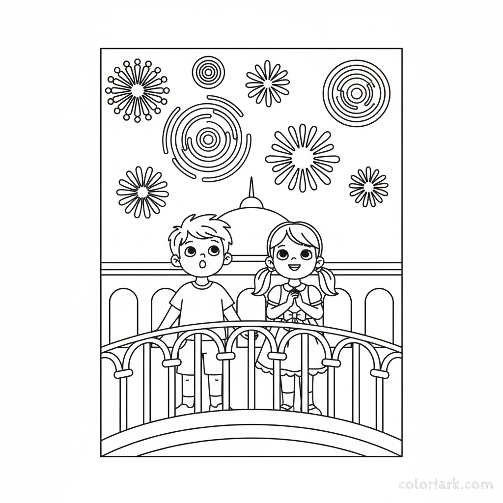 Kids watching a distant Diwali fireworks display from a safe balcony, looking up with awe, black-and-white line art