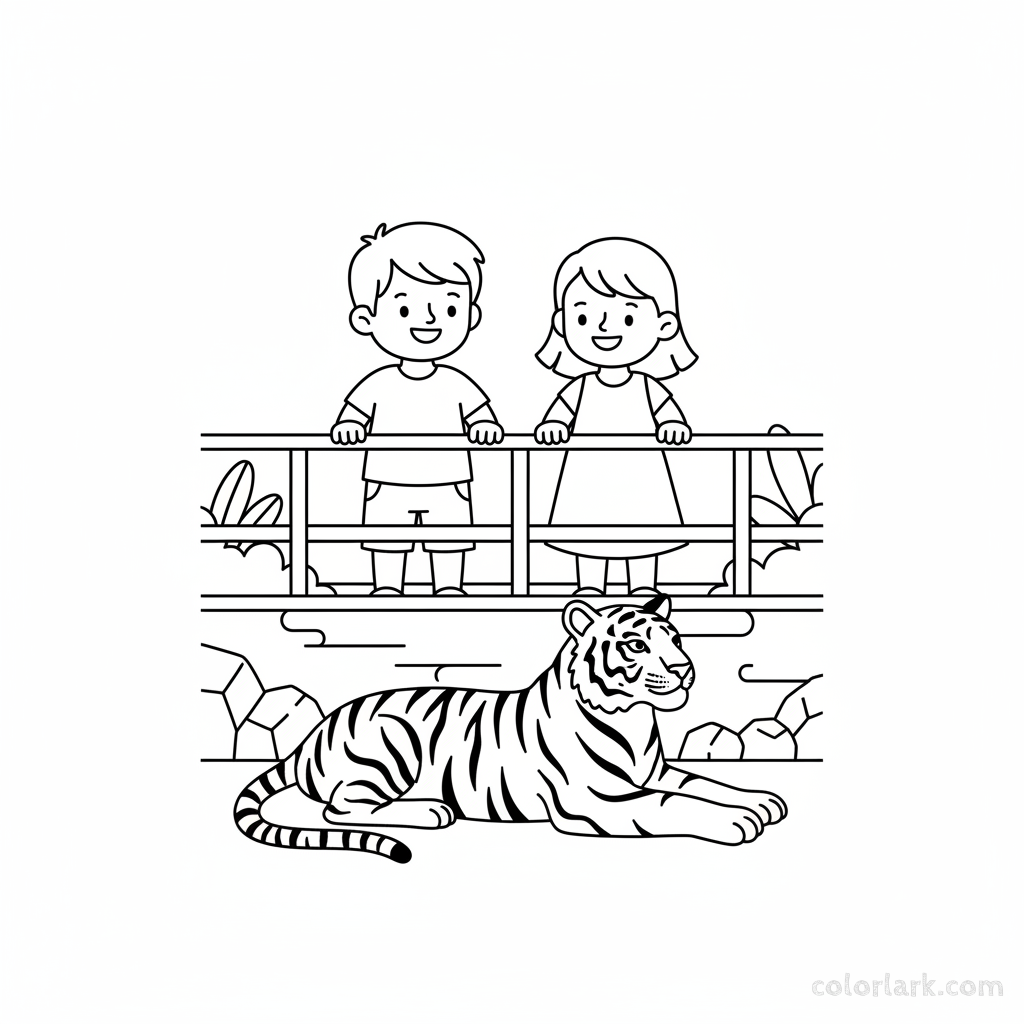 Line art of two children looking over a railing, observing a calm Bengal tiger in its zoo enclosure from a deck.