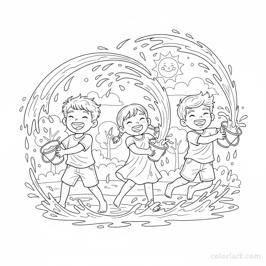 Kids with buckets and water splashes Holi coloring page.