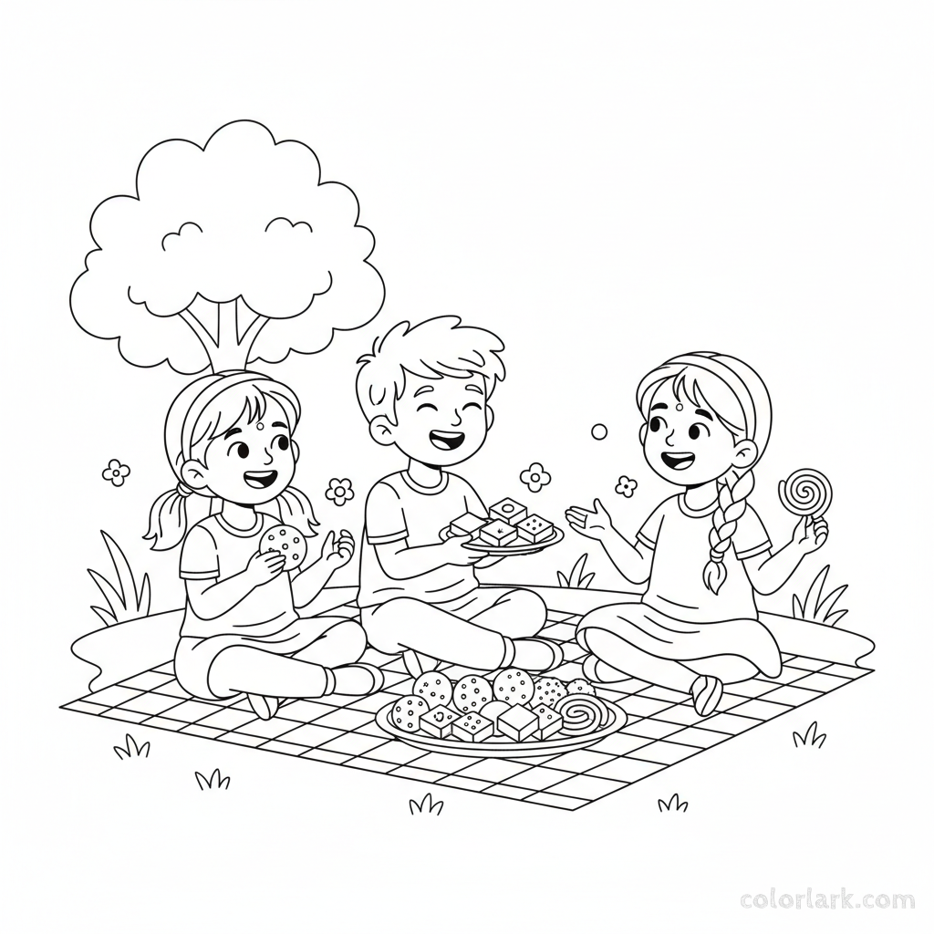 Kind children happily sharing Diwali snacks and treats with friends outdoors, promoting friendship, black-and-white line art