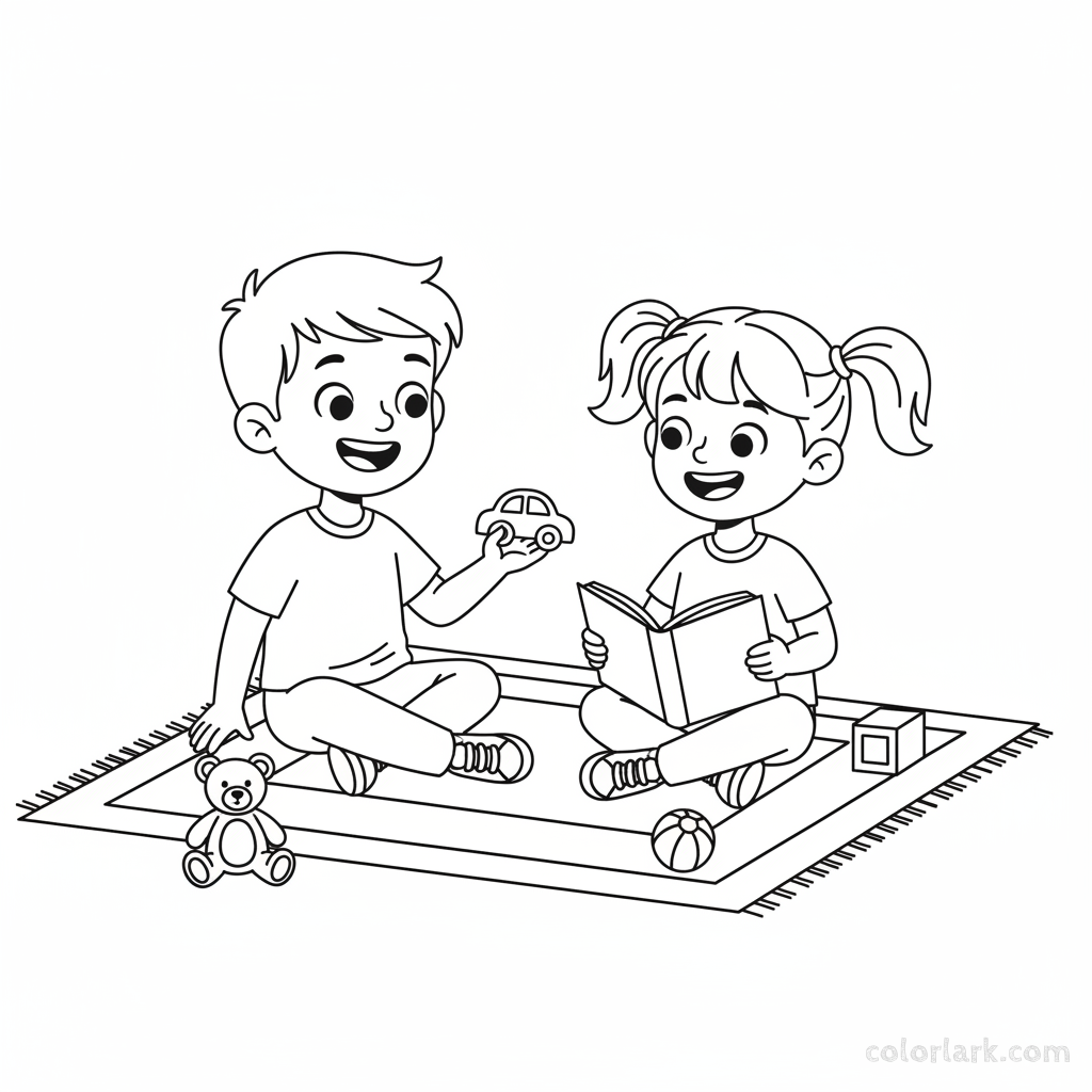 Kind children happily sharing their favorite toys and books on Diwali day, showing generosity and friendship, line art