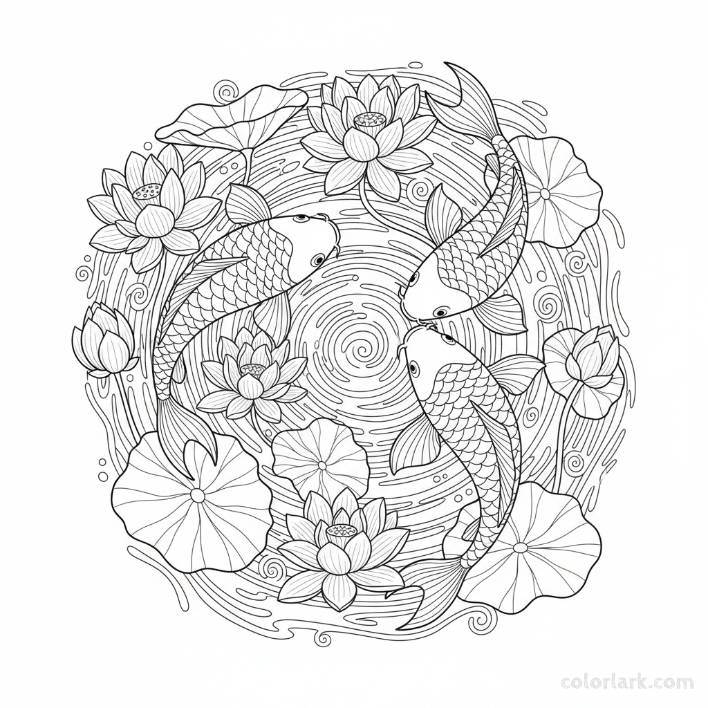 Black and white line art of graceful koi fish swimming among lotus flowers and lily pads.