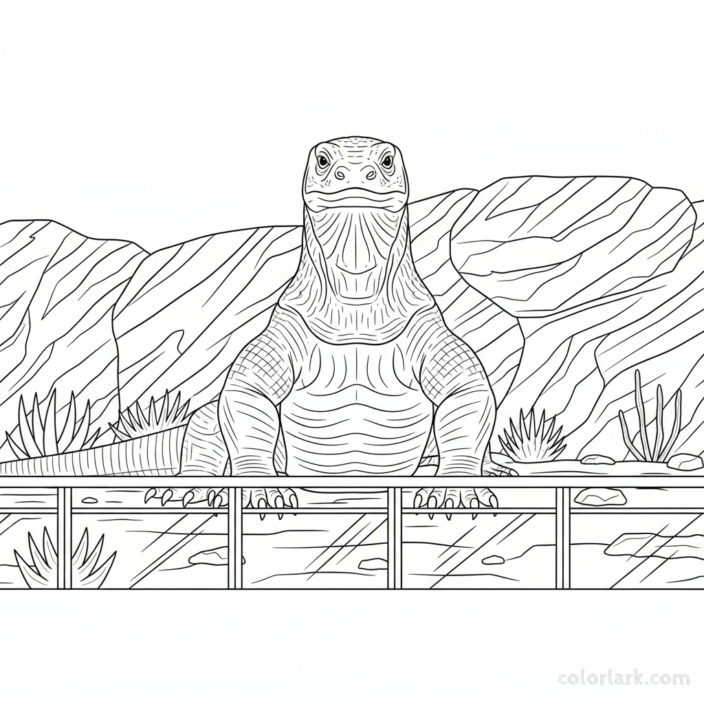Black and white outline of a powerful Komodo dragon standing still in a rocky, arid zoo reptile exhibit.