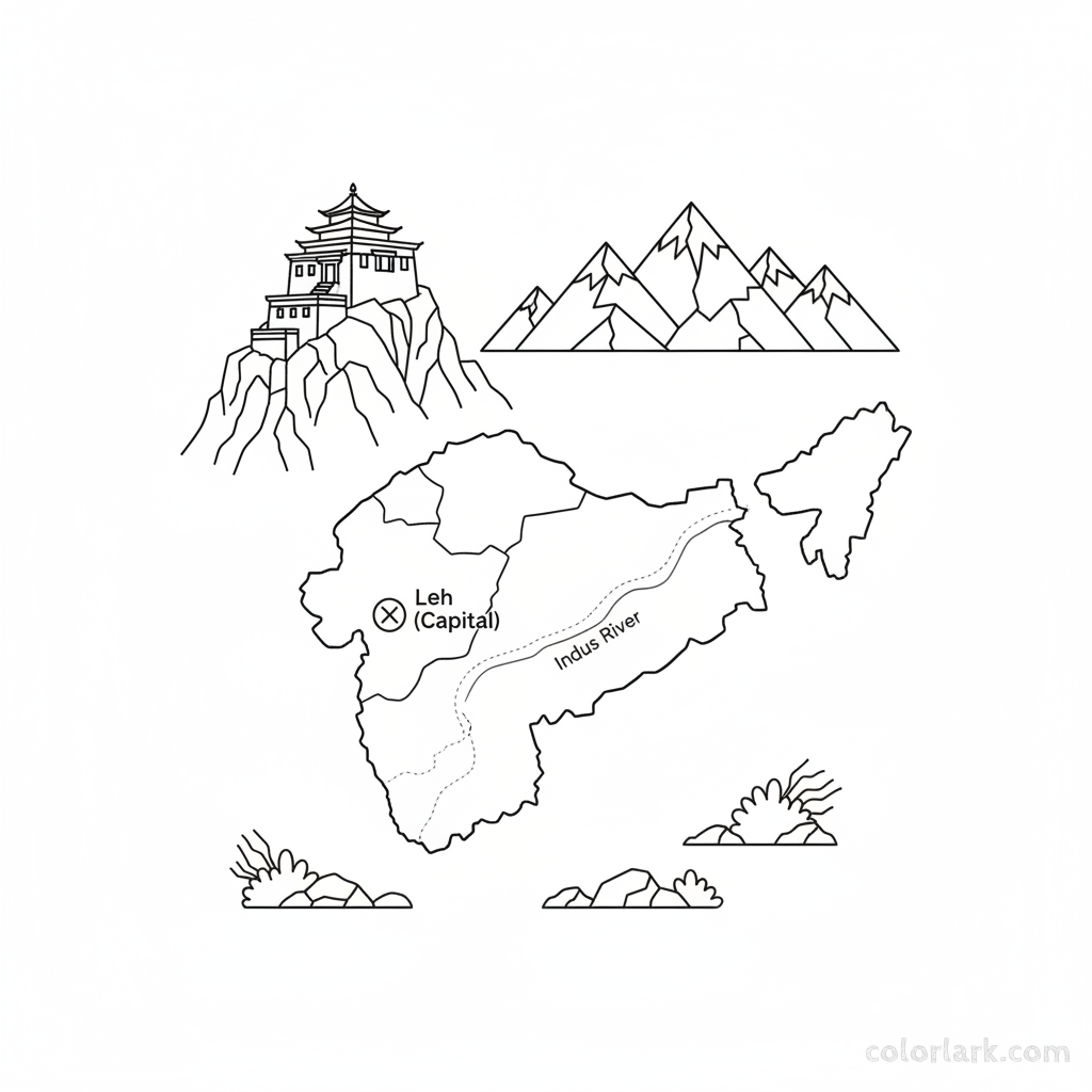 Line art coloring map of Ladakh Union Territory, featuring Buddhist monasteries, Himalayan mountains, and Leh.