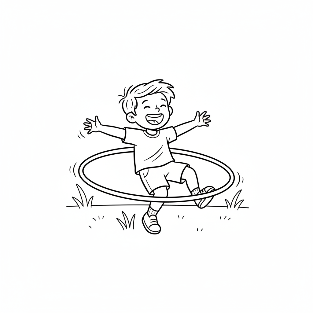 Line art of a laughing child with a giant hula hoop outdoors