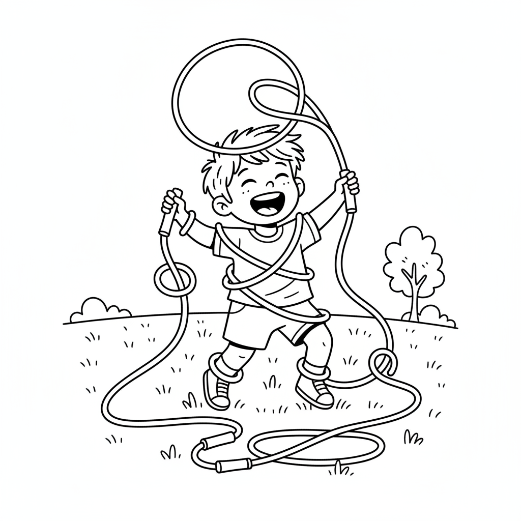 Line art of a laughing child with a very long skipping rope outdoors