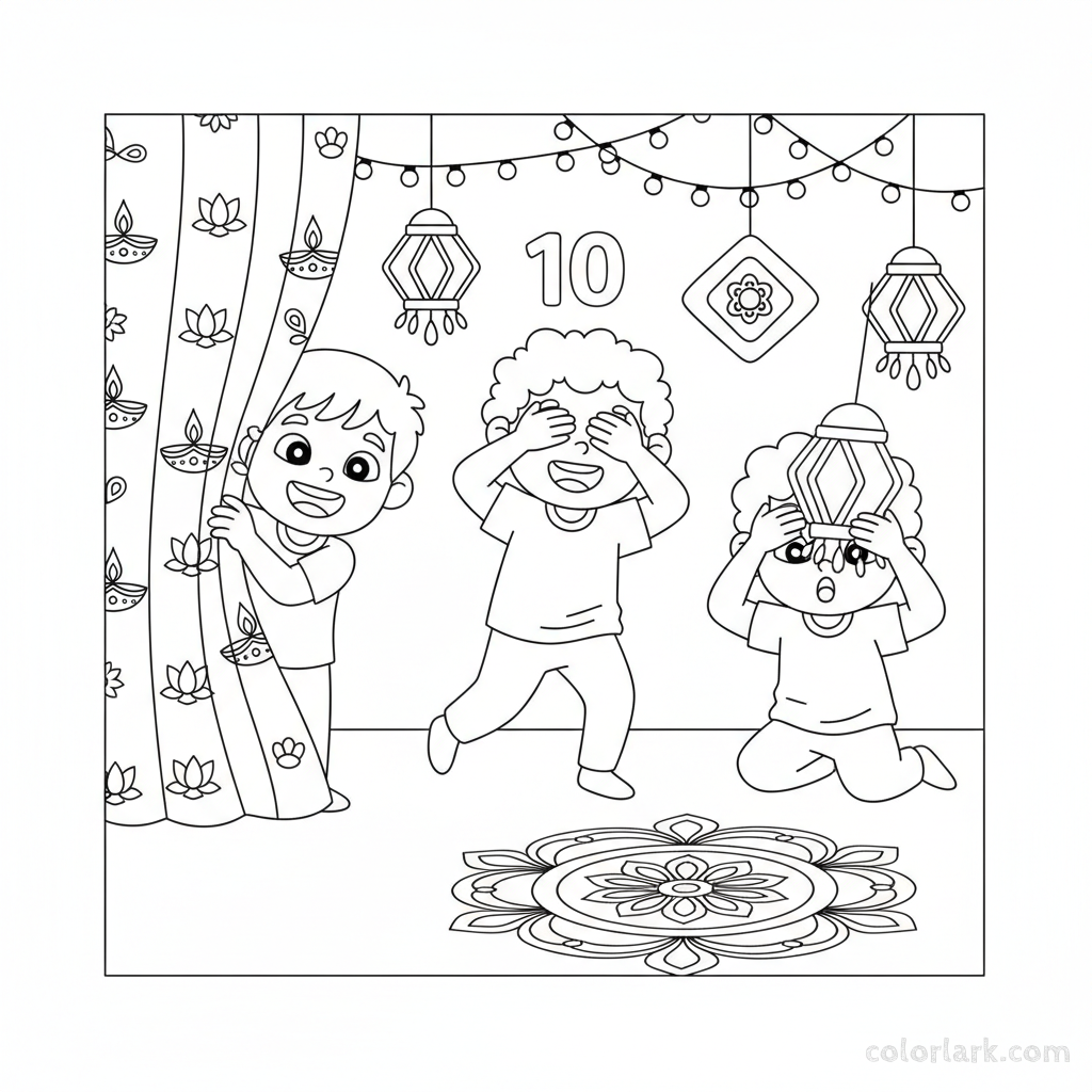 Laughing children playing hide-and-seek among festive Diwali decorations, full of joy and movement, black-and-white line art