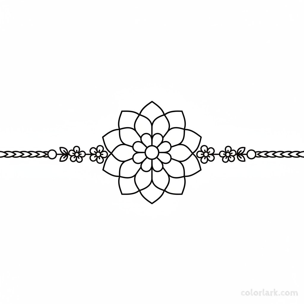 Black and white line art of a layered petal flower Rakhi with concentric petal layers and smaller floral outlines for elegant coloring.