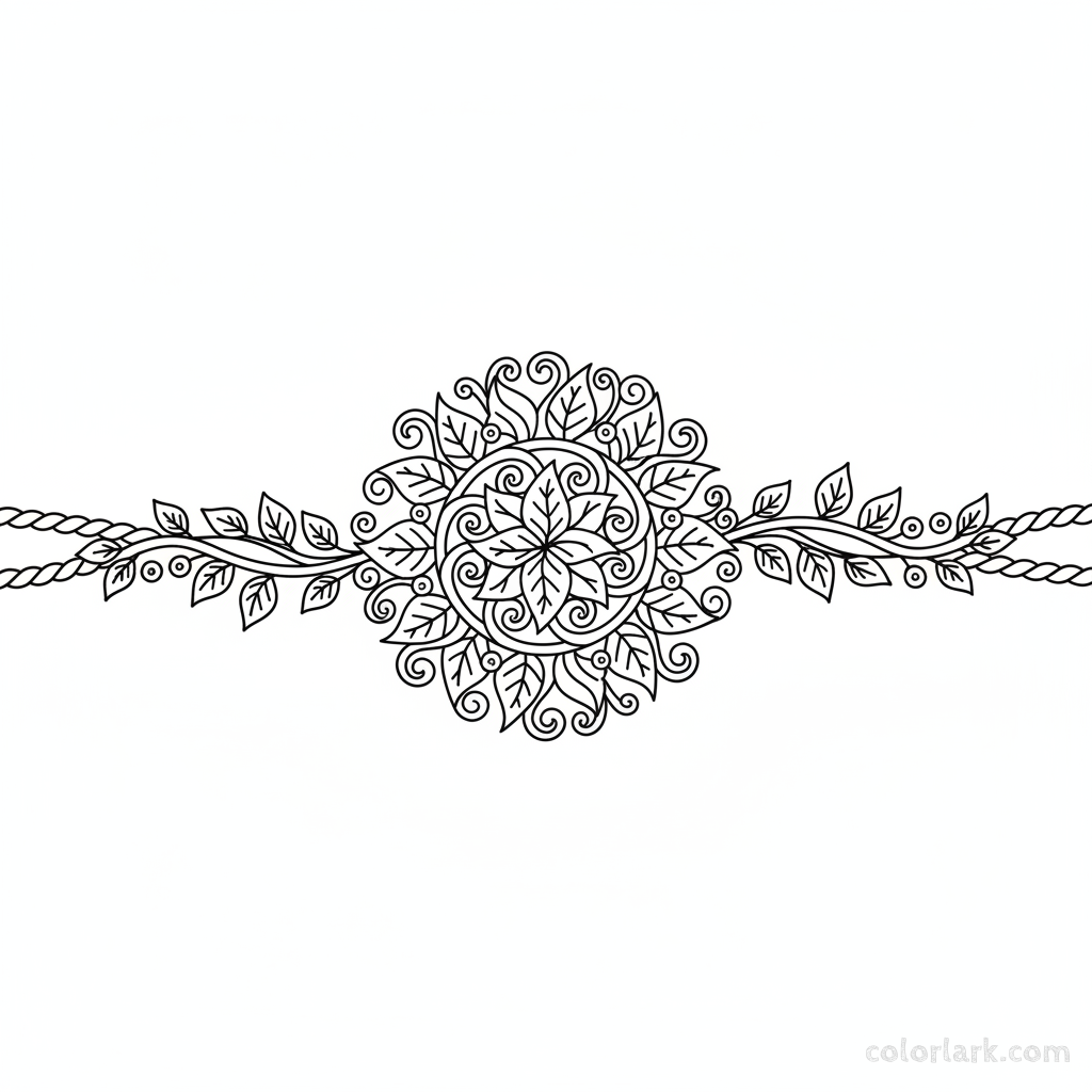 Black and white line art of a leafy vine pattern Rakhi with delicate leaves and tendrils, suitable for botanical art coloring.