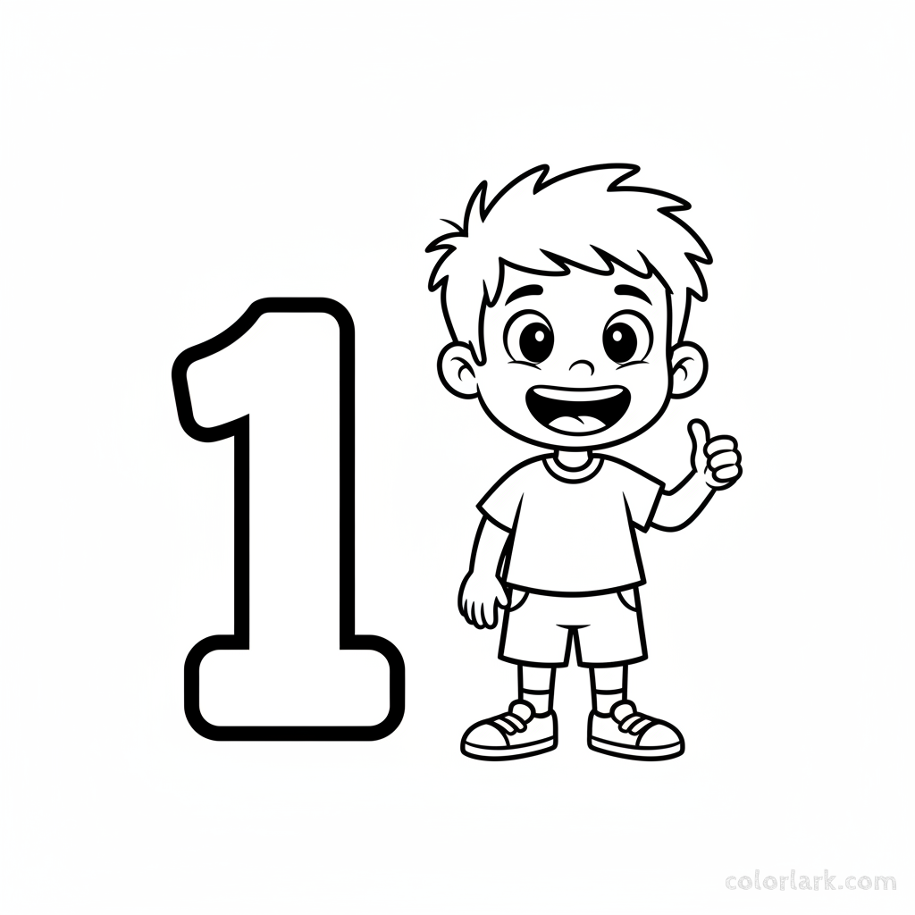 Black and white line art coloring page of one happy child with the number 1 displayed.