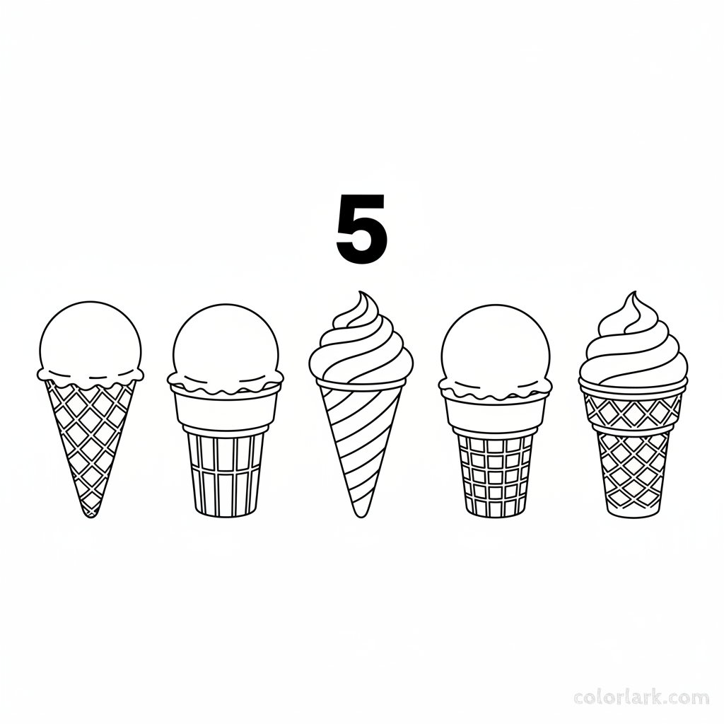Black and white line art coloring page featuring five ice cream cones and the number 5.