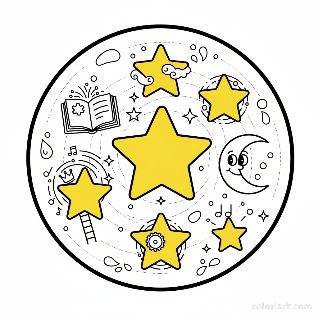 A black-and-white line art illustration showing seven bright yellow stars, for teaching the number 7 to children.
