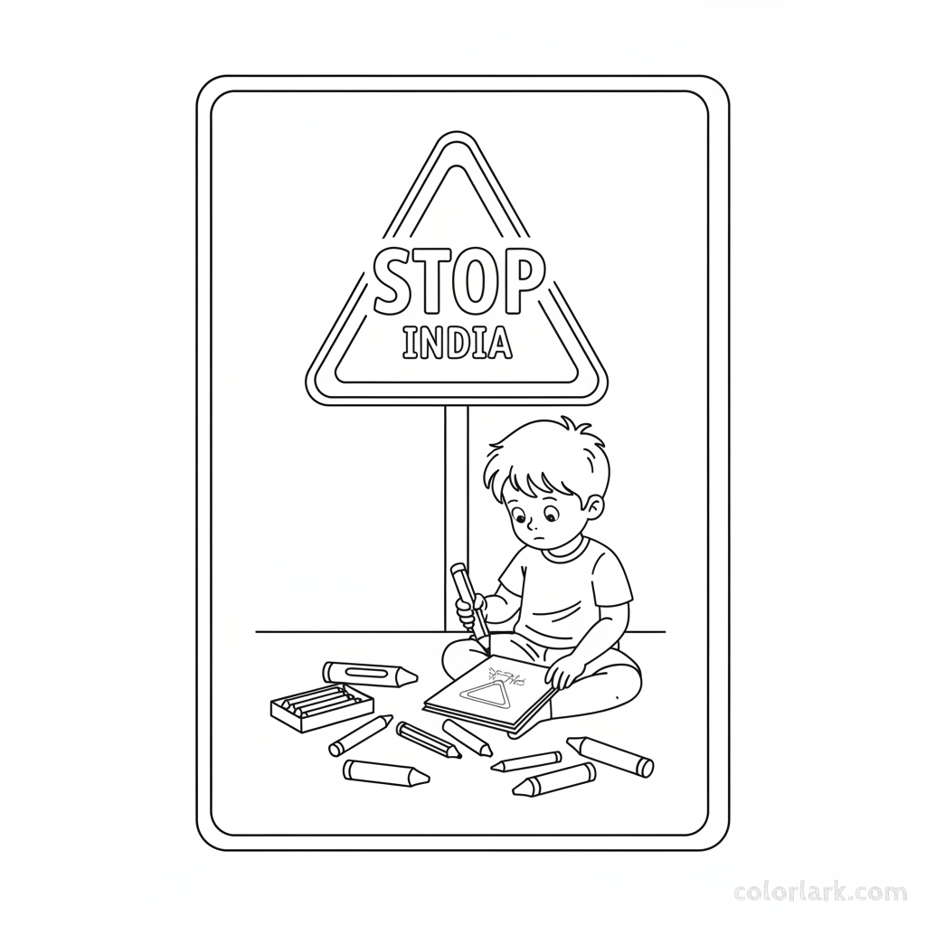 Coloring page featuring an Indian Stop sign outline and a child drawing it.