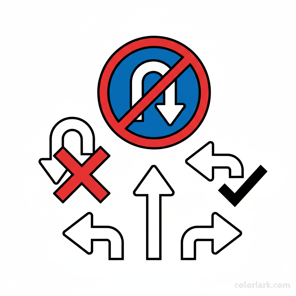 Coloring page explaining an Indian U-Turn Prohibited sign with allowed/disallowed turn arrows.