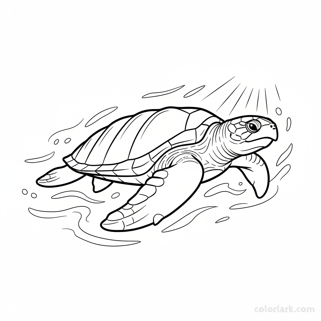 Black and white line art coloring page of a large leatherback sea turtle gliding in the open ocean.
