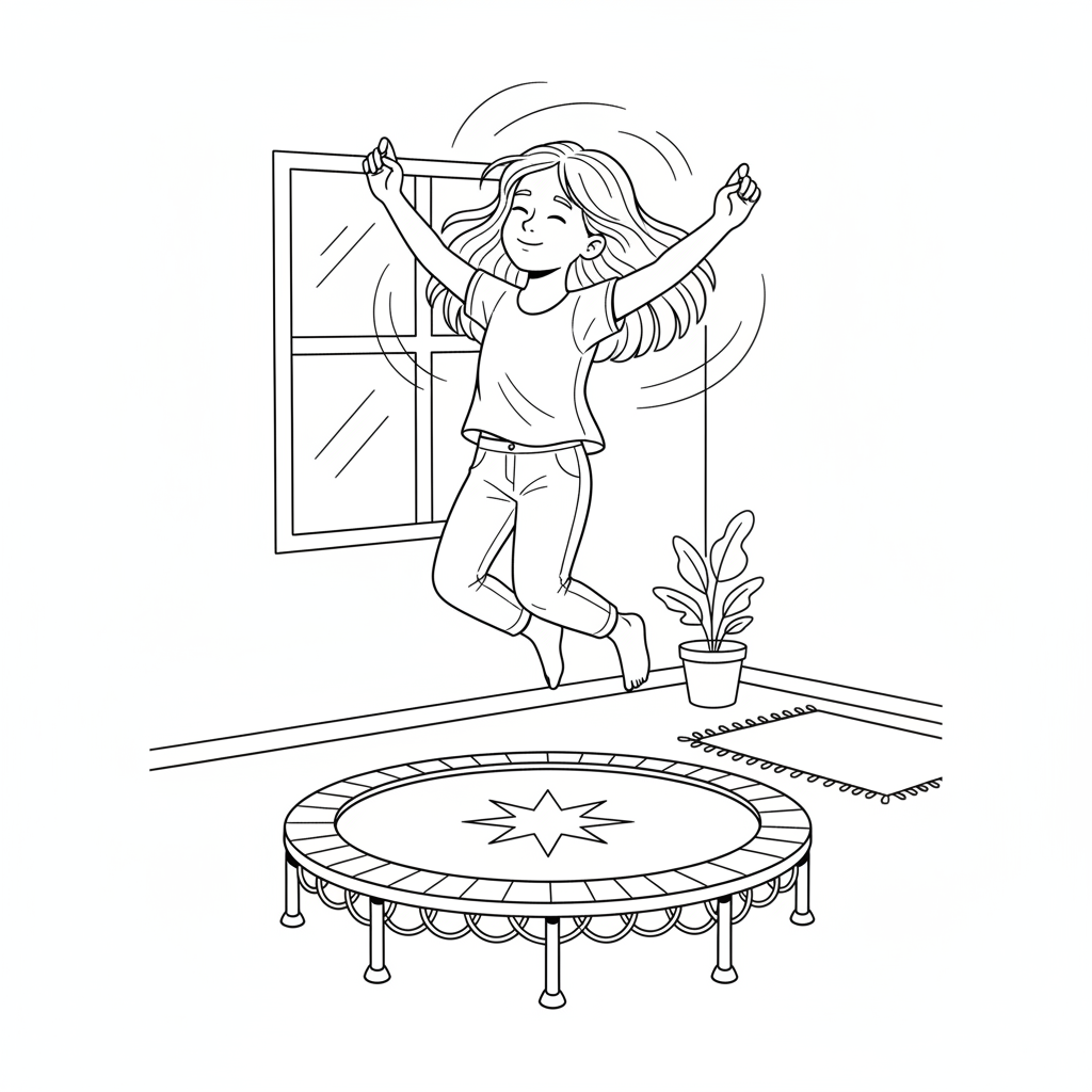 Black and white line art of a girl performing light and airy jumps on a fitness trampoline in a kids fitness center.